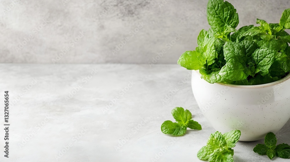 Poster fresh green mint leaves elegantly displayed in a modern ceramic pot on a light background : generati