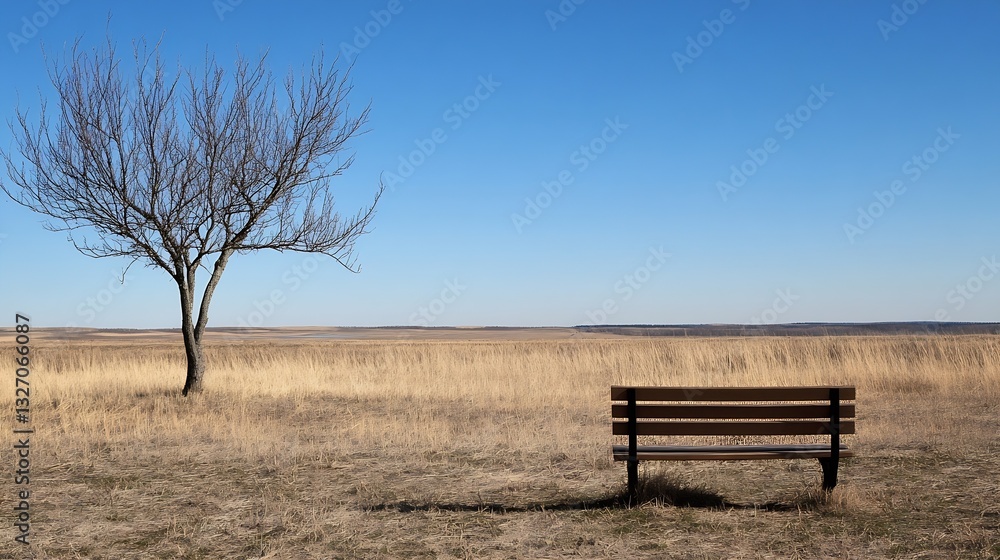 Poster an empty park bench by a lone tree in an expansive field under a clear blue sky : generative ai