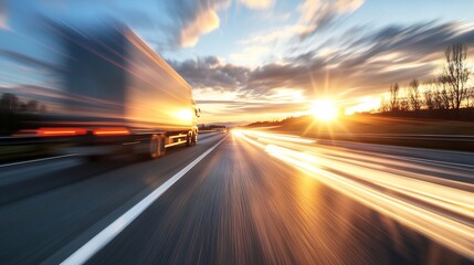 Obraz premium Dynamic motion of a truck speeding along a highway at sunset : Generative AI