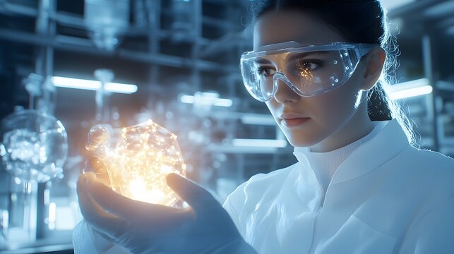 Laboratory Discovery: A determined scientist, clad in protective eyewear and a lab coat, meticulously examines a glowing, crystalline sample in a futuristic laboratory setting.