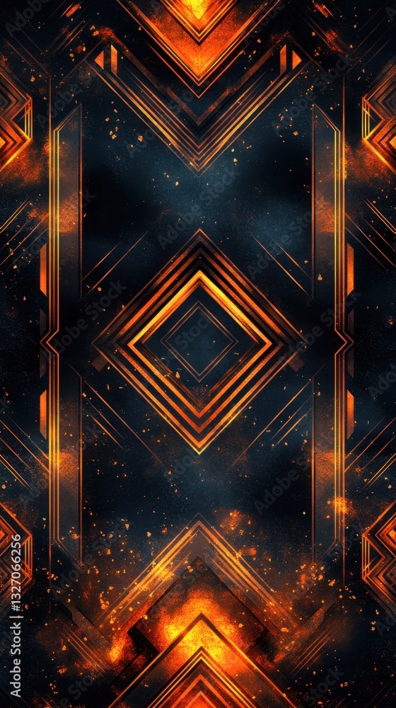 Poster abstract geometric art deco pattern with glowing orange lines on a dark blue background creating a m