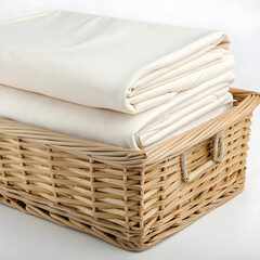 Obraz premium A neatly folded stack of soft bedding sheets placed in a wicker basket.