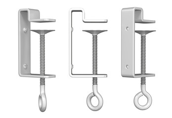 Metal C-clamp with bend for fixing shelf stopper, shelf talker, topper, banner to retail shelf. Side view, isometric view, rear view. 3d illustration set isolated on white
