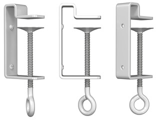 Metal C-clamp with bend for fixing shelf stopper, shelf talker, topper, banner to retail shelf. Side view, isometric view, rear view. 3d illustration set transparent background