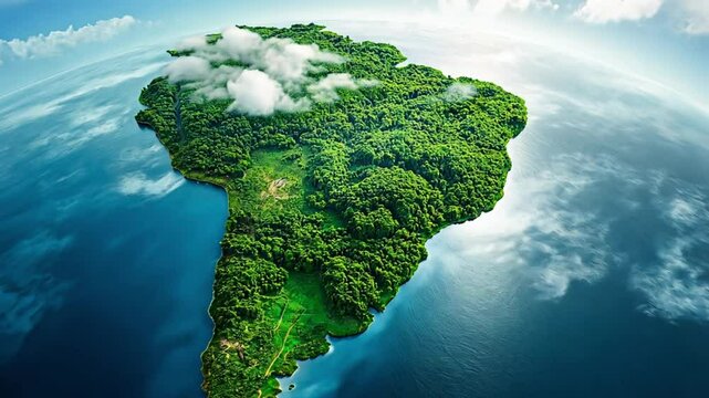 A lush green shape of south america floating above the ocean with scattered clouds. Concept of natural richness and ecological diversity of South America.