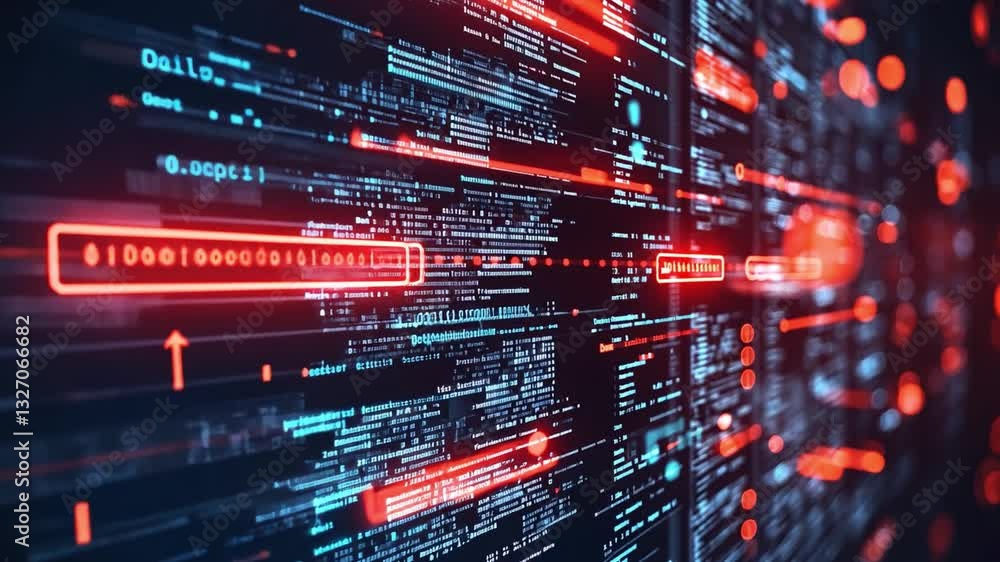 Poster futuristic digital data visualization glowing red and blue elements showcasing technology and inform