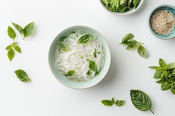 Obraz premium Vermicelli noodle soup with basil on white surface showcasing a light and airy minimalist style