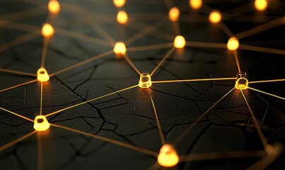 Network nodes with glowing connections on cracked surface