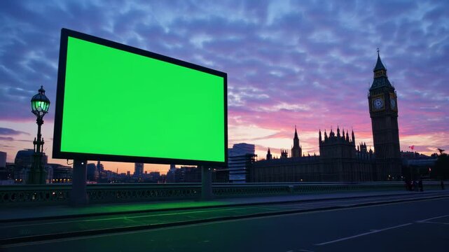 Large green screen billboard on bridge with Big Ben, Houses of Parliament, and stunning sunset sky in background.