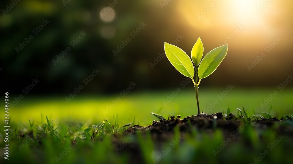 Poster a young green plant sprouting from rich soil surrounded by dappled sunlight in a tranquil natural se