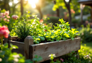 Raised Herb Garden in Sunlit Backyard – Fresh Greenery in Wooden Planter.