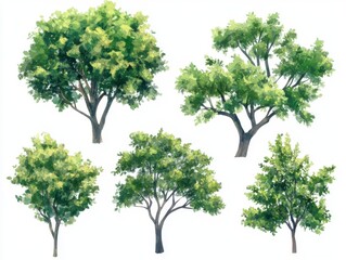 Obraz premium Five Green Deciduous Trees on White Background