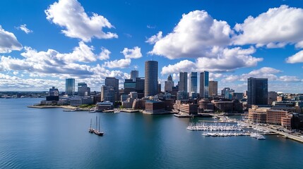 Obraz premium Stunning Aerial View of Boston City Skyline Under Bright Blue Sky and Fluffy Clouds : Generative AI