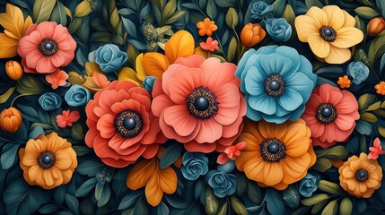 Fototapeta premium Vibrant floral arrangement, paper art style, dark background