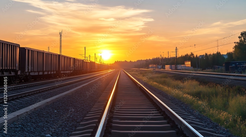 Poster serene sunset over train tracks capturing the tranquility of a journey : generative ai