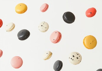 Floating Pastel Macarons on White Background