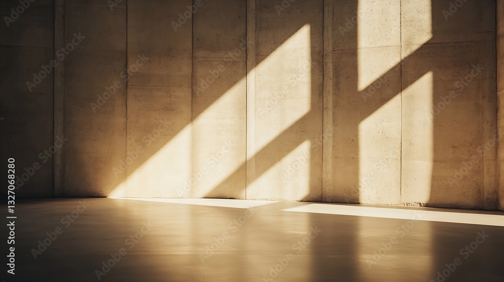 Poster Minimalist interior space showcasing light and shadow interplay on concrete walls and floor : Generative AI