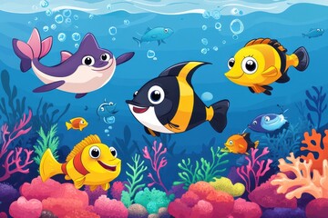 Obraz premium Colorful cartoon marine fish swimming in an underwater scene