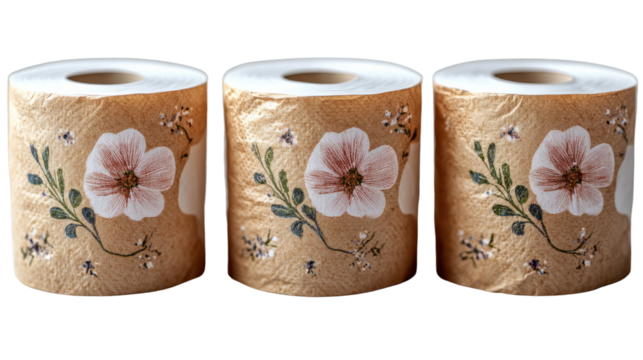 Floral Elegance: Three rolls of delicately adorned toilet paper showcasing artistic floral designs, conveying a sense of gentle refinement and enhancing the ambiance of personal spaces.