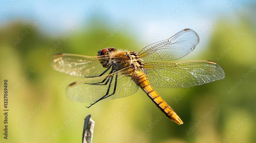 Poster captivating closeup of a dragonfly perched delicately on a twig showcasing intricate wings and vibra