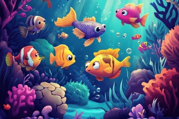Fototapeta premium Colorful cartoon fish swimming amongst vibrant coral reefs in the ocean