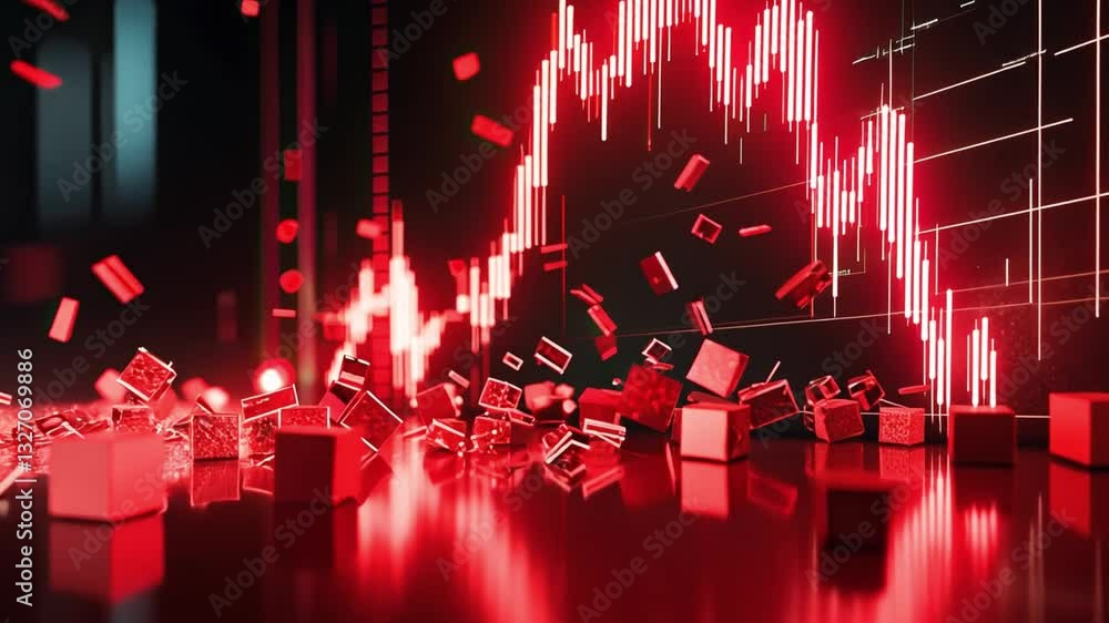 Poster dynamic financial market red and black volatility with falling blocks and stock chart, evoking urgen