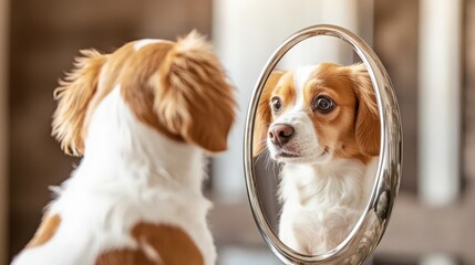 Dog Looking at its Reflection in a Mirror