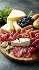 Gourmet charcuterie board with assorted cheese salami grapes and fruit on rustic wooden platter delicious appetizer