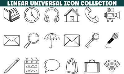 Linear Universal Icon Collection Book, Clock, Headphones, Home, Phone, Camera
