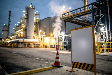 Obraz premium A nighttime industrial scene featuring a factory with smoke emitting from stacks and a blank sign next to a traffic cone.