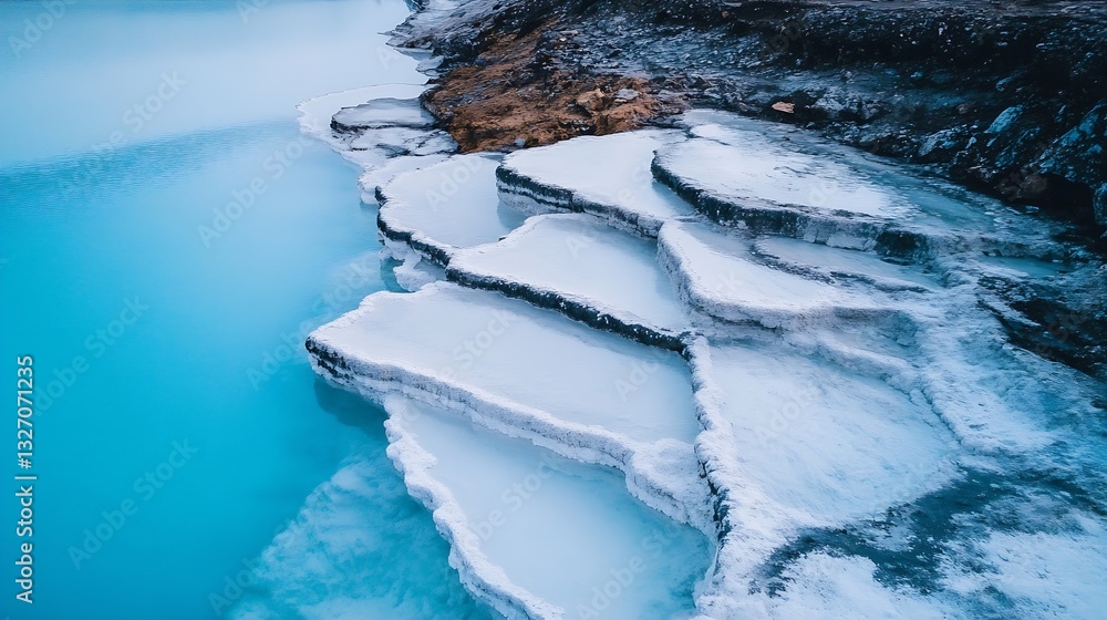 Poster aerial view of stunning saltwater lake with beautiful layered cliffs creating mesmerizing landscape 