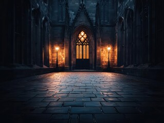 Gothicinspired city square at night, grand architecture lit by a mysterious glowing light source