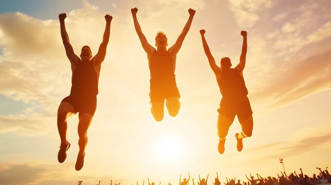 soaring high: Capture the essence of teamwork and shared achievement with a group of silhouettes jumping towards the sun, embodying exhilaration and the joy of success.