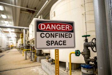 A warning sign indicating "Danger: Confined Space" in an industrial setting, highlighting safety measures in potentially hazardous environments.