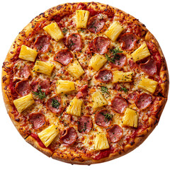 A Hawaiian Pizza with Pineapple and Ham Isolated on Transparent Background