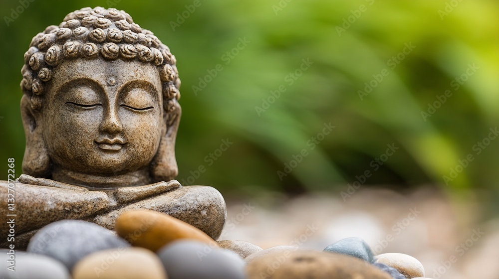 Aufkleber a serene buddha statue surrounded by smooth pebbles and vibrant greenery symbolizing tranquility : g