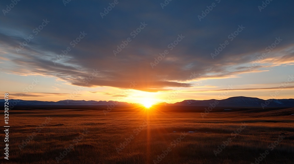 Poster breathtaking sunset illuminating the horizon over a golden field creating a warm atmosphere : genera