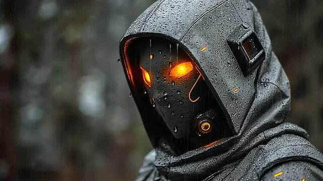 Futuristic humanoid in hooded rain gear