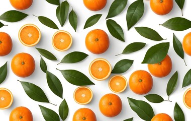 A single orange with bright leaves is placed on a clean white surface with a white background, creating a simple yet visually appealing composition. The lighting is soft and even