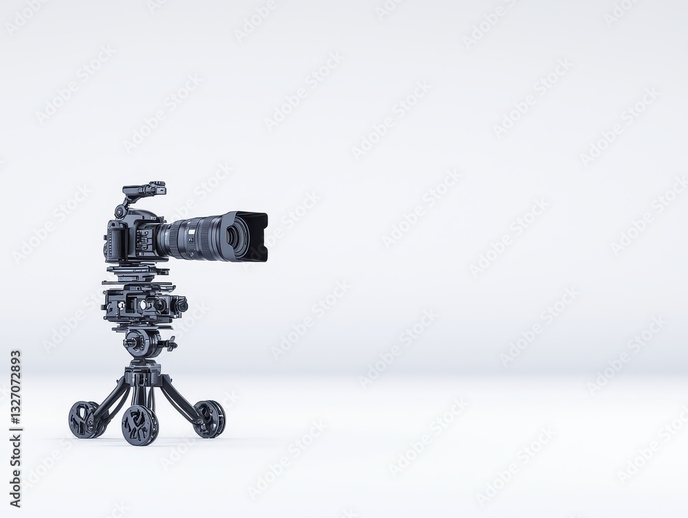 Poster professional camera setup on tripod against a minimalist background