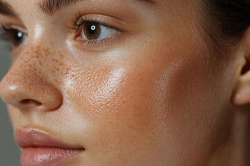 Fototapeta premium close up of person cheek showcasing clear skin texture, freckles, and natural glow. image captures beauty of healthy skin and highlights facial features
