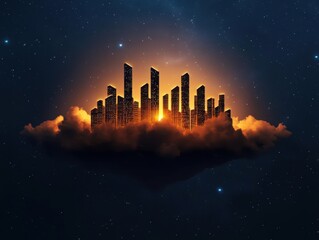 Futuristic floating city above dark storm clouds, illuminated towers piercing through the night sky