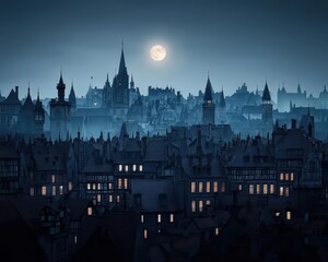 Obraz premium Old European city at night, gothic rooftops glowing under the soft moonlight, mysterious and majestic