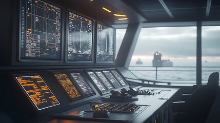 Navigating Ocean Waters Control Panel on Modern Ship Bridge
