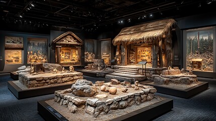 Museum Exhibit Ancient Structures Artifacts and Woodland Diorama Showcase