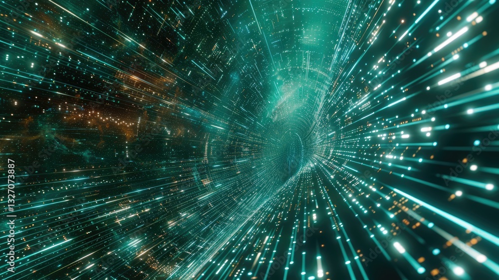 Poster abstract art of digital network with glowing nodes and colorful lights. digital artwork of glowing n