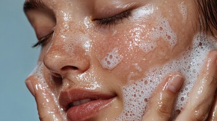 Fototapeta premium Glowing Young Woman Rinsing Foaming Cleanser, Close-Up on Water Droplets and Fresh Complexion, Bright Minimal Background for Skincare Brand Promotion