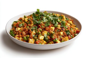 Delicious matara paneer dish presentation with indian cuisine in a white bowl and studio bright light with vibrant colors