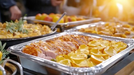 Fototapeta premium A beautifully arranged buffet with an assortment of cooked dishes