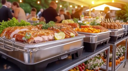 Fototapeta premium Gourmet catering setup featuring beautifully plated meats and vibrant side dishes